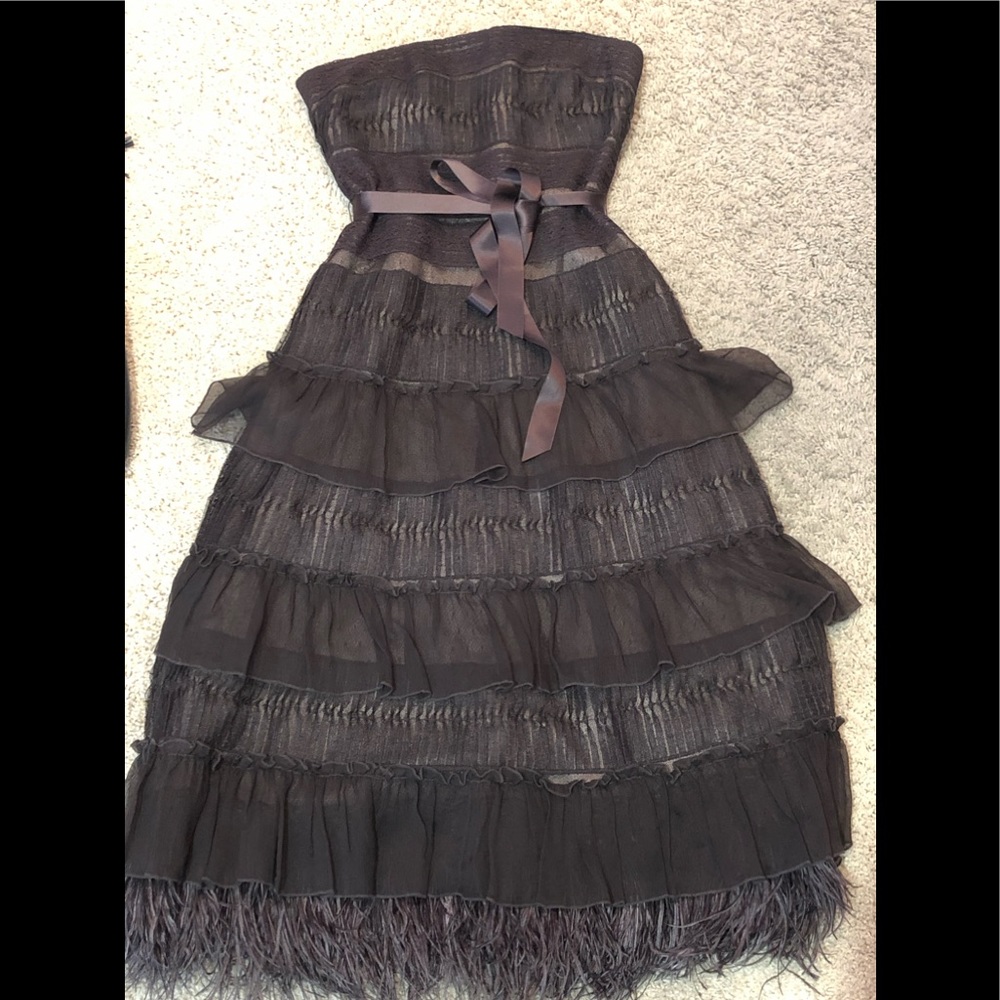 BCBG brown tube dress with feather & pretty detail